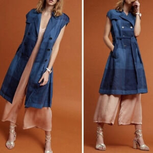 Eva Franco Linen Checkered Plaid Trench Dress, Size XS